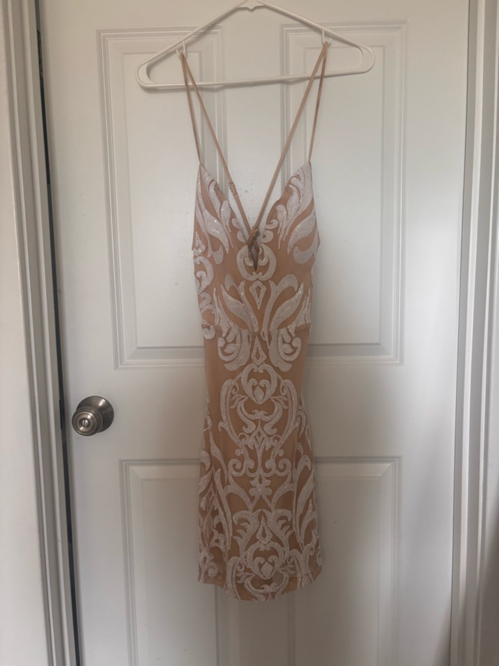 Windsor Nude & White Lace-Overlay Spaghetti Strap Dress